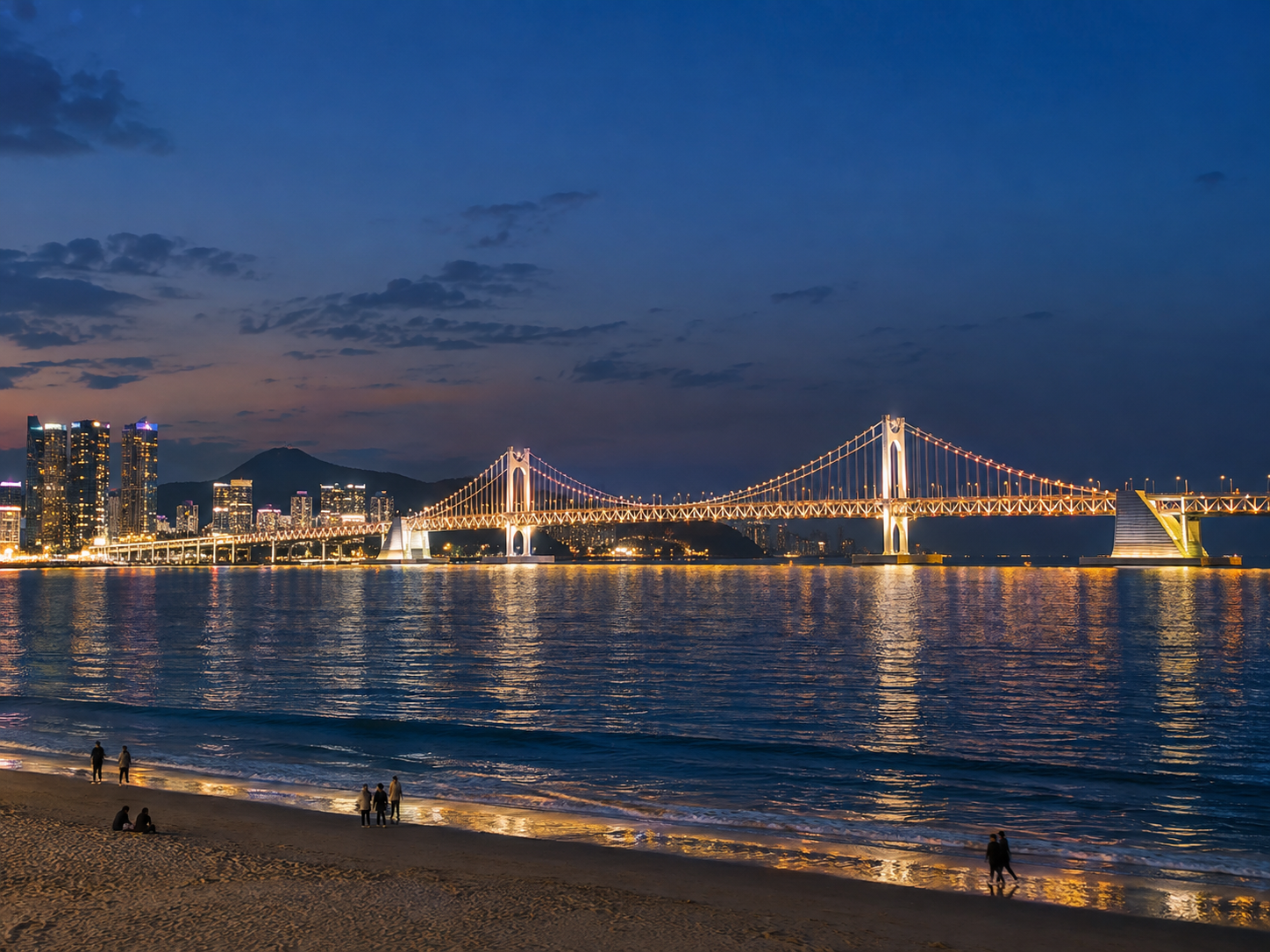 AI-generated Gwangalli night illustration, not a photograph of a drone performance or a live view.