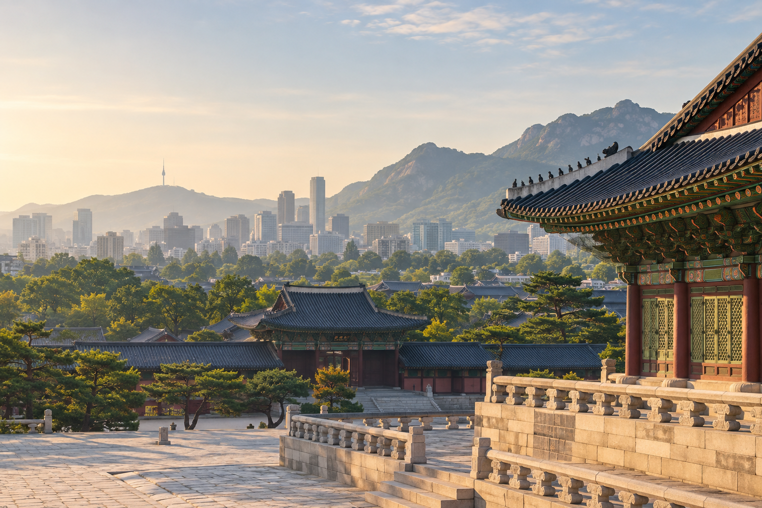 An editorial illustration of a Korean palace